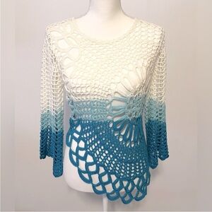 Crochet White and Blue Ombre Sweater Top. Boho Festival Pool Beach